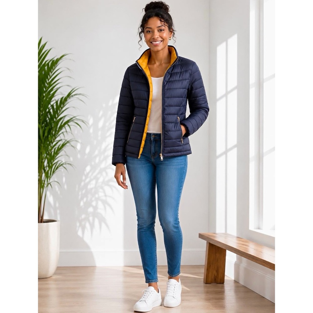 Special One Women's Reversible Puffer Jacket L Blue/Yellow Full Zip Stand Collar